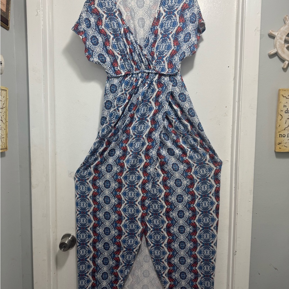 Tart Blue and Red Patterned Jumpsuit